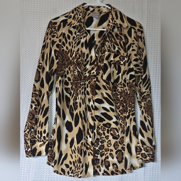 Womens Leopard Blouse Animal Print Top Chic Work Office Button Front - Picture 6 of 8